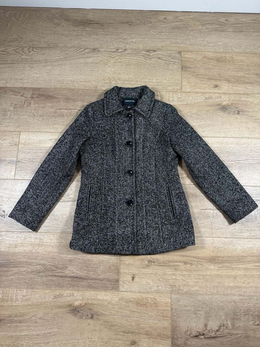 London Fog Women’s Herringbone Wool Blend Button Front Coat Black White S